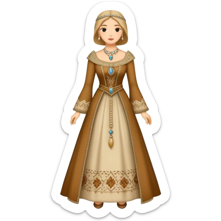 Full body of wealthy medieval townswomen in elegant dress with jewelry and fine embroidered clothing sticker