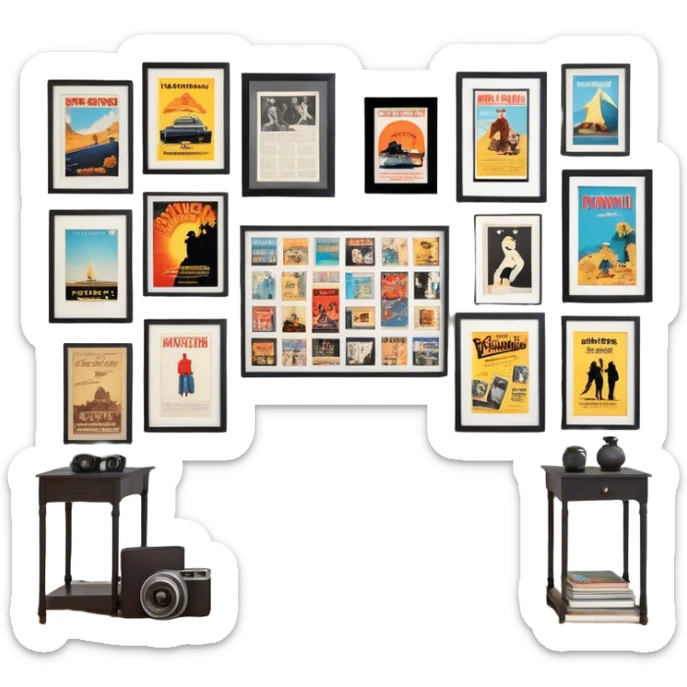 Icon for Photograph and Poster Collecting: a collection of photographs and movie posters, neatly displayed on a wall or in frames. The icon should evoke the nostalgia and artistic value of collecting rare images and posters. Transparent background. sticker