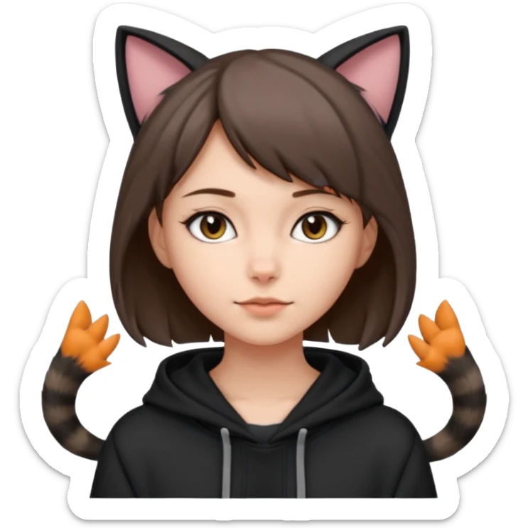 a girl with short brown hair, grey cat ears and a tail, with a black hoodie on  sticker
