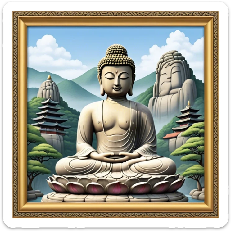 Cinematic Realistic image of the Big Buddha Monument of Sinheungsa Temple, portrayed as a towering, serene Buddha statue carved from weathered stone with intricate details and a gentle meditative expression, set within an ancient temple landscape enveloped in soft, ethereal lighting that underscores its spiritual majesty. sticker