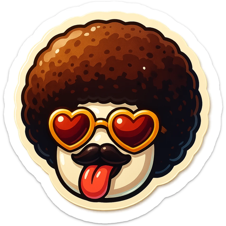 White circle coffee bean face, afro, heart glasses, big heart eyes, tounge rolled out sticker