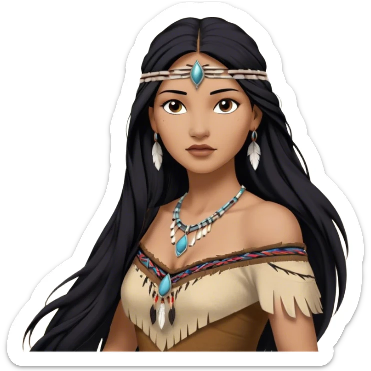 Cinematic Realistic Pocahontas Portrait, depicted with lifelike skin texture, soft natural lighting, and intricately detailed long, flowing raven-black hair that moves gracefully in the wind. Her deep, soulful dark brown eyes exude wisdom and strength, complemented by a serene yet powerful expression. She is dressed in her classic one-shoulder native american dress, with rich fabric textures and delicate beaded details that catch the light beautifully. The portrait features a soft, sun-kissed glow with a natural, radiant finish, capturing the essence of untamed beauty and deep connection to nature in a realistic and painterly style, evoking a sense of depth and authenticity. sticker