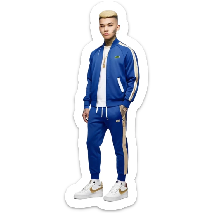 Capelli rasati ai lati con sfumatura, sopra corti e fissati con gel. Look curato e deciso. Indossa tuta firmata (Nike, Adidas, Lacoste, EA7) o jeans skinny, scarpe vistose come Air Force 1. Sempre presenti borsello a tracolla e collana d’oro E tatuaggi d’appertutto a mezzo busto sticker