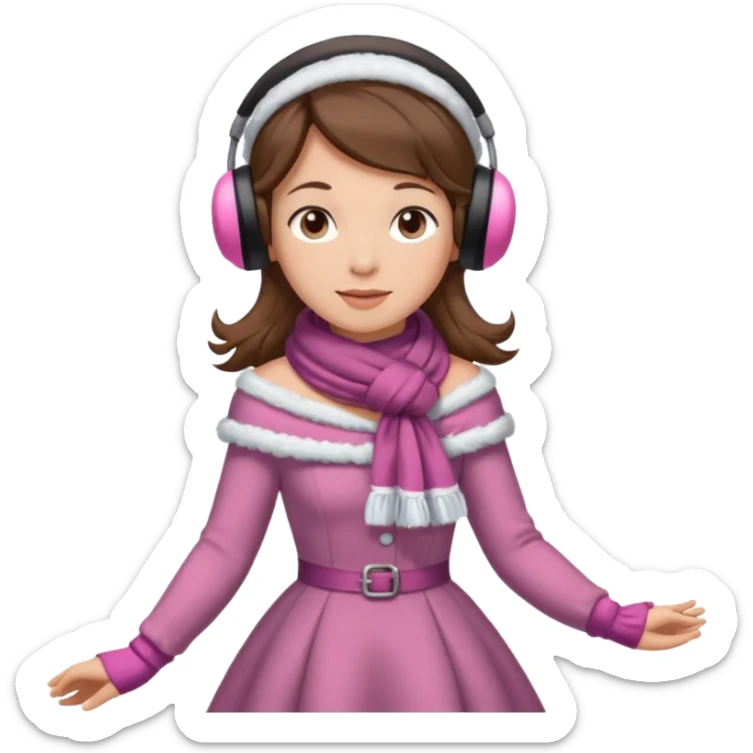 Victorian ice skater in a long dress. She is wearimg a scarf and earmuffs. She has boriwn hair. sticker