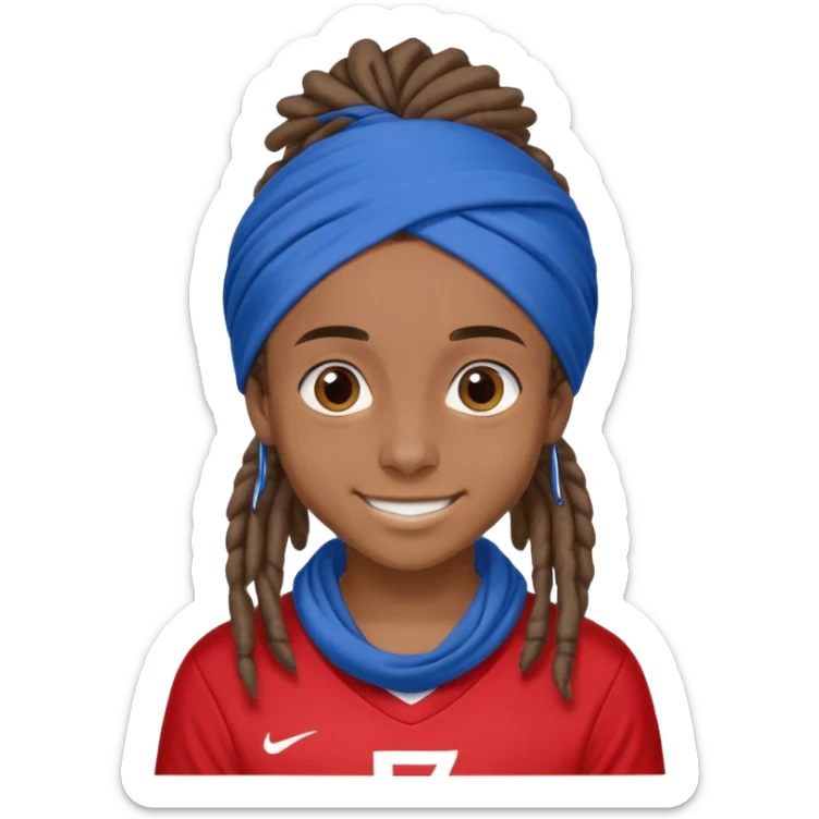 "- nam
- 17 tuổi
- Da nâu
- Tóc Dreadlock lọn bé, đội khăn xanh nước biển
- Cười mỉm, mắt to
- Mặc áo bóng đá màu đỏ sticker