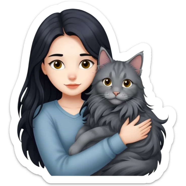 Beautiful girl with fair skin and long black hair hugs a gray Maine Coon cat sticker