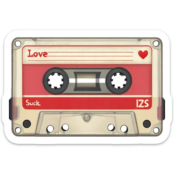 Isolated, rendering, vintage style music cassette tape, vintage appearance white label that reads "love sucks" on front sticker