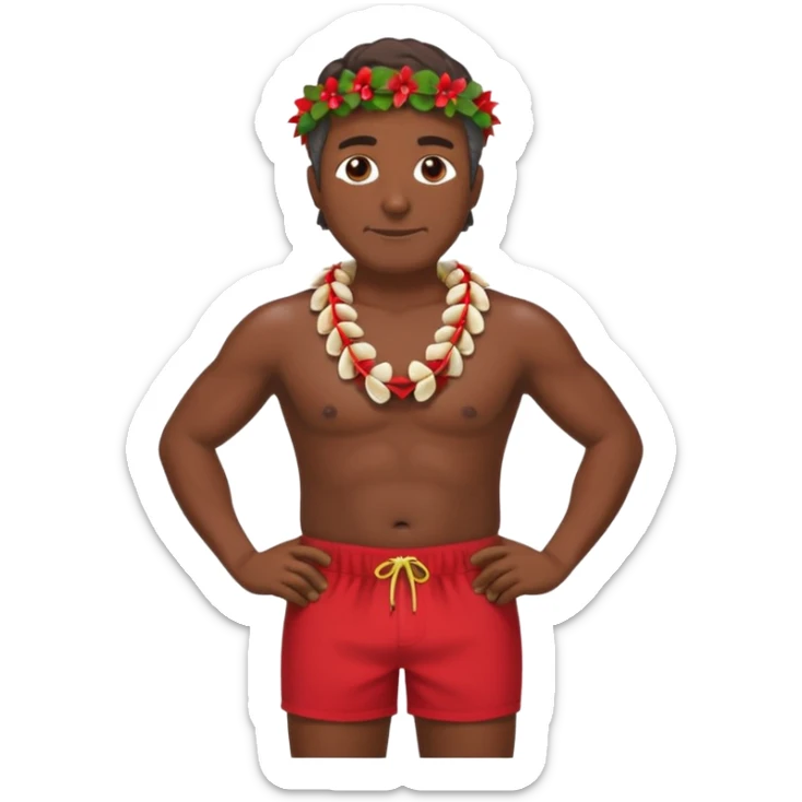 50 year old dark Hawaiian surfer with red shorts and a shell lei surfer  sticker