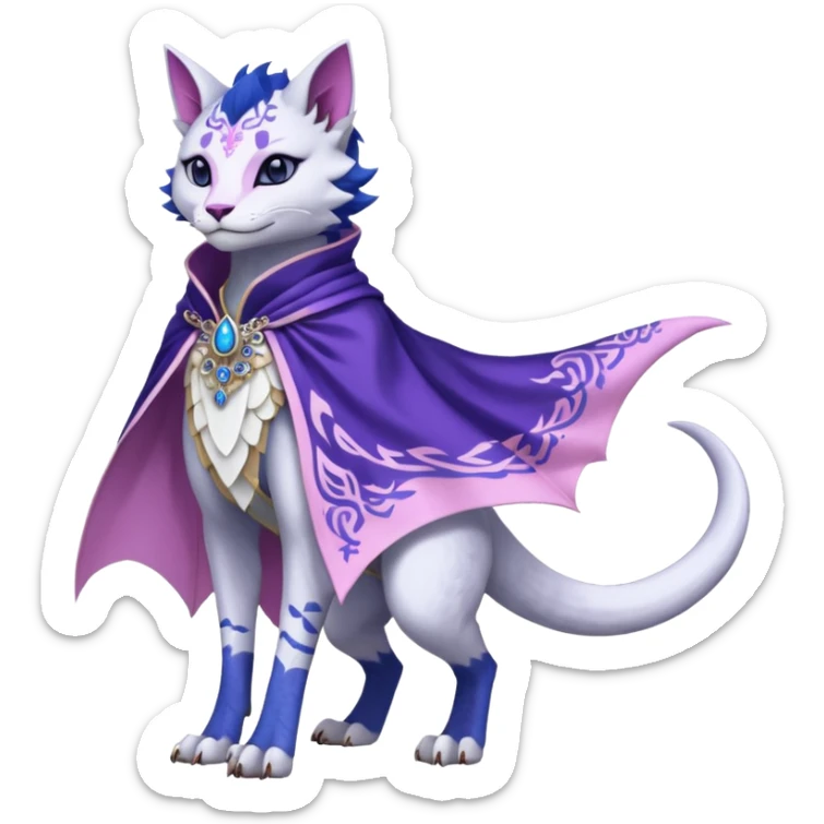 Kawaii white, indigo, purple, pink cute beautiful pretty elegant divine edgy feline-vernid-sergal-Haku-dragon-fursona-animal-creature, full body, with intricate detailed markings, Embroidered capelet, silken shawl sticker