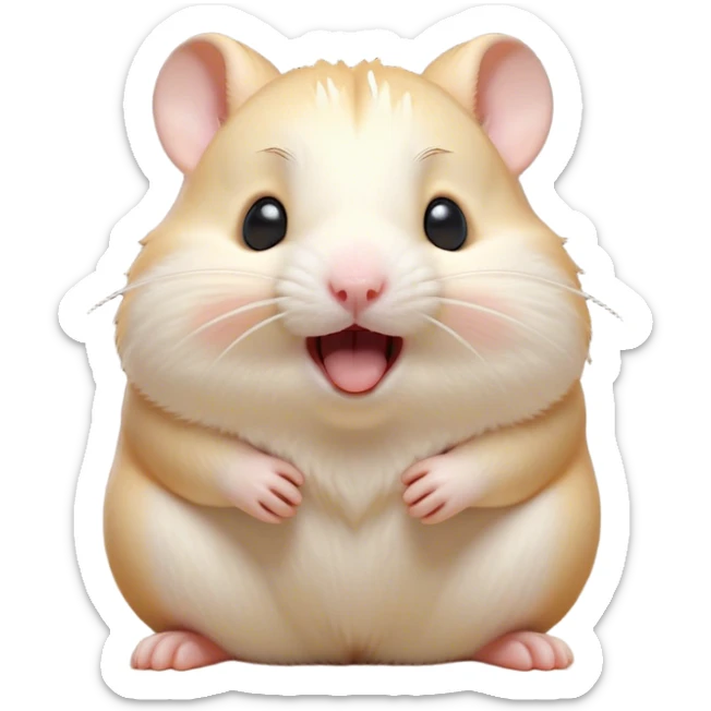 Cinematic Cute Yawning Cream Hamster Portrait Emoji, Head tilted slightly with a dramatic, wide-open yawn, showcasing a soft, pristine cream fur with tiny droopy ears, round dark eyes barely open in drowsy contentment, Simplified yet irresistibly adorable features, highly detailed, glowing with a soft, cozy glow, high shine, relaxed yet expressive, stylized with a touch of whimsy, bright and endearing, soft glowing outline, capturing the essence of a sleepy yet affectionate hamster, so drowsy it feels like it could stretch out of the screen and curl up for a nap! sticker