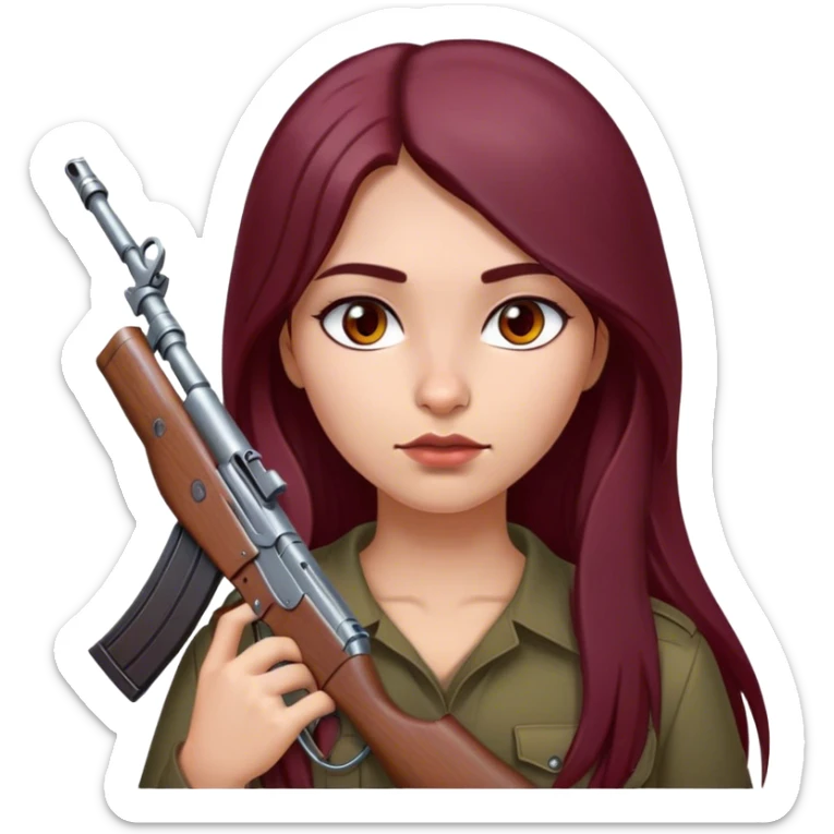 emoji of girl with an ak47 in hand with maroon dark long hair in a middle part with straight nose hazel eyes medium perfect eye brows with  a nose ring silver on the right nostril  sticker