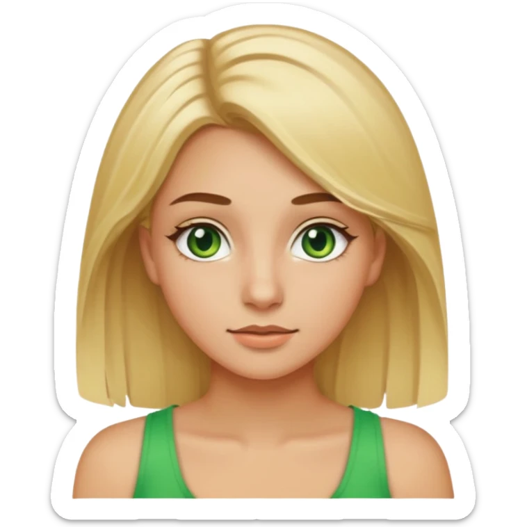 20-year-old girl with blonde hair, green eyes, brown eyebrows, good summer tan, iPhone emoji style sticker