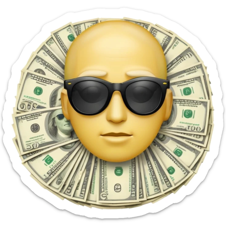 yellow head emoji with dollar bills for eyes, wearing slightly transparent black sunglasses, money symbols on face sticker