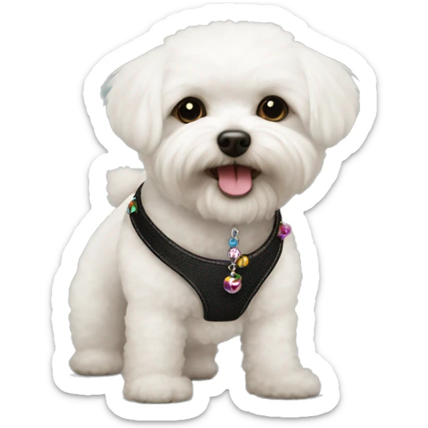 One Small furry Black bichon with one  colorful bead necklaces with brown harness sticker