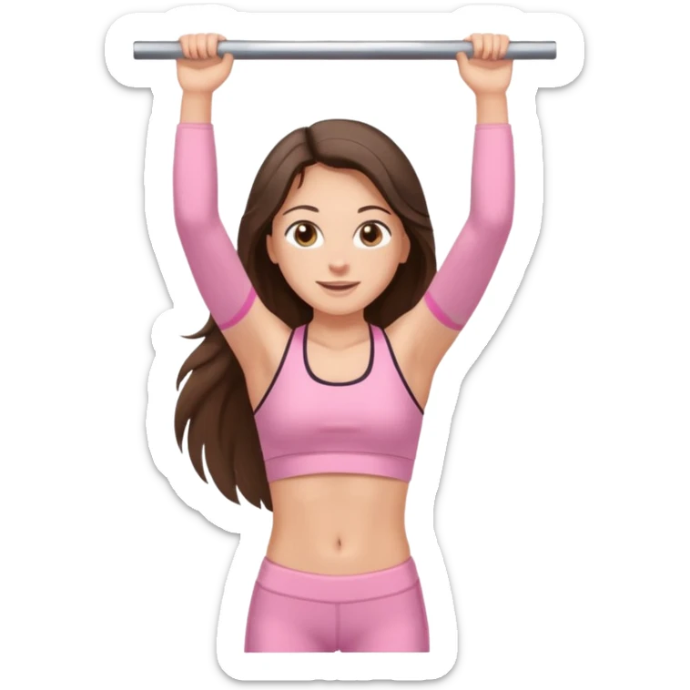 white happy brunette teen long hair with hazel eyes in light pink workout clothes doing a pullup sticker