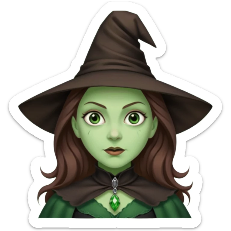 Wicked Witch of the West from the Wizard of Oz with green skin and eyes, brown long hair, dark green outfit sticker