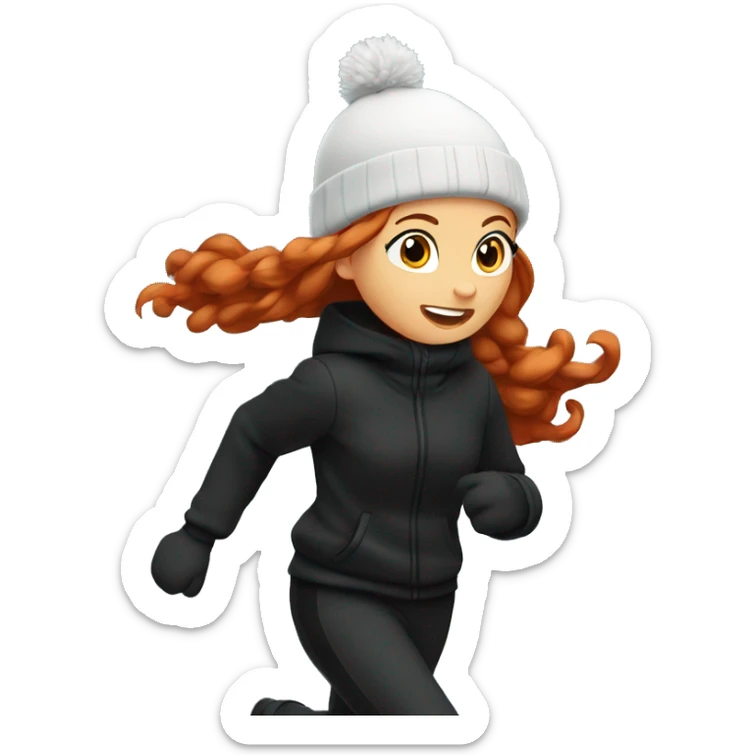 Redhair girl running in winter all black outfit in 2D sticker