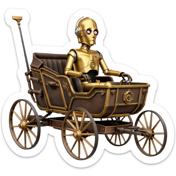 Old American West tarnished C-3PO bounty hunter in 1854 delicately ornate rosegold accents painted buggy buckboard wagon powered by electric motors and batteries with safety features and belts flying rapidly across rough dusty terrain stable on strong agile futuresteampunk suspension and steering  sticker