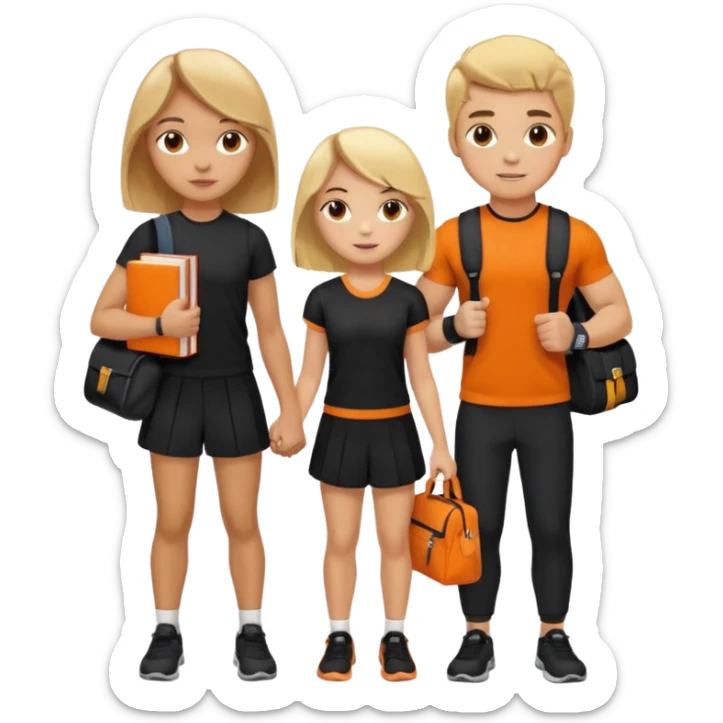 light skin students girl and boy with school bag full of books on hand and dumbell in other hand. Clothes are in black and orange colours. They are going to the gym. They have brown and blonde hair sticker