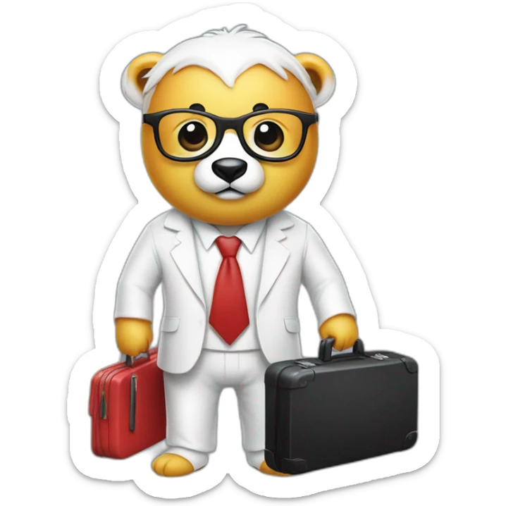 A professor with white suit and red tie and a panda face eating a hotdog and holding a black suitcase sticker