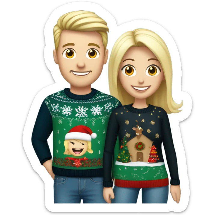 Happy white couple wearing Christmas jumper and blue jeans, man with black hair woman blonde long sticker
