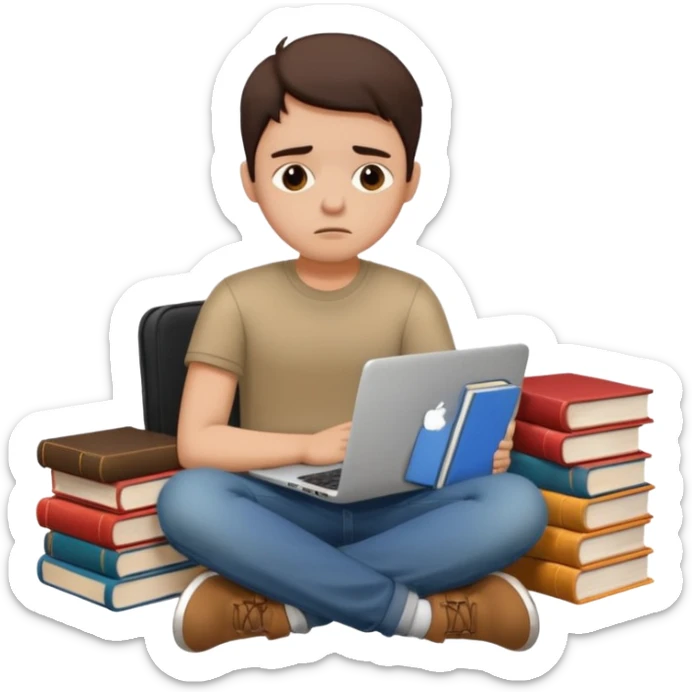 a student crashing out with the laptop on the lap and books on the side -  an emoji like this 😭 sticker