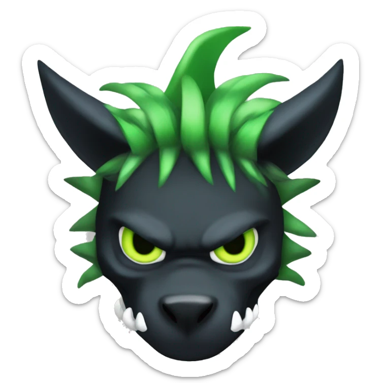 Digimon-Fakémon, horns, black body, green mane, anthro, furry, shark, black skull face, black skull mask, green stripes, tufted tail,  sticker