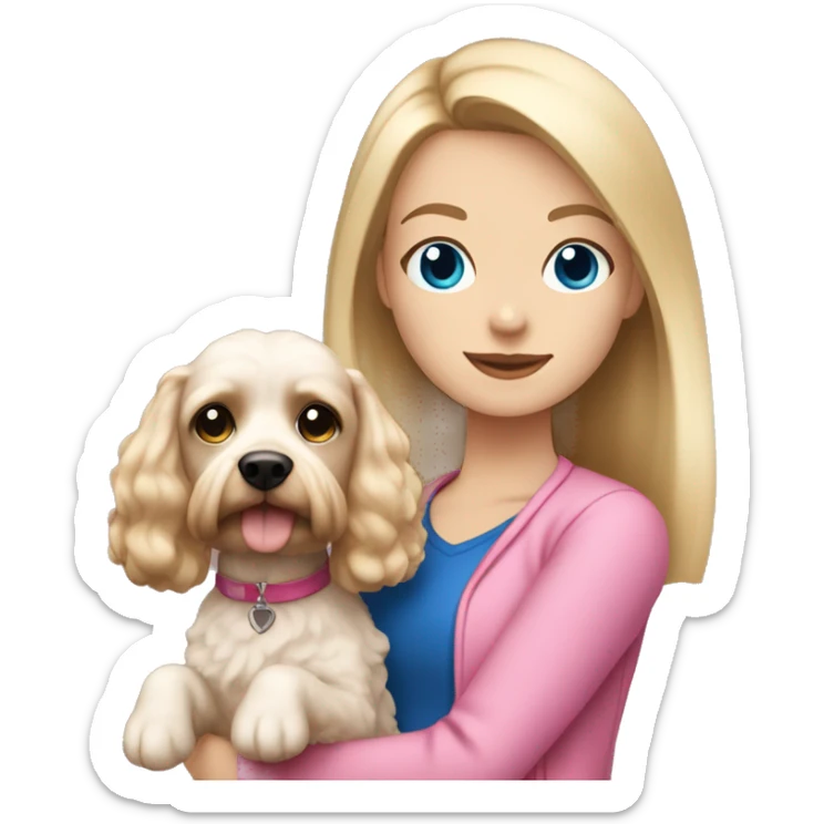straight blonde hair and dark blue eyed girl wearing pink holding a white and brown cockapoo dog sticker