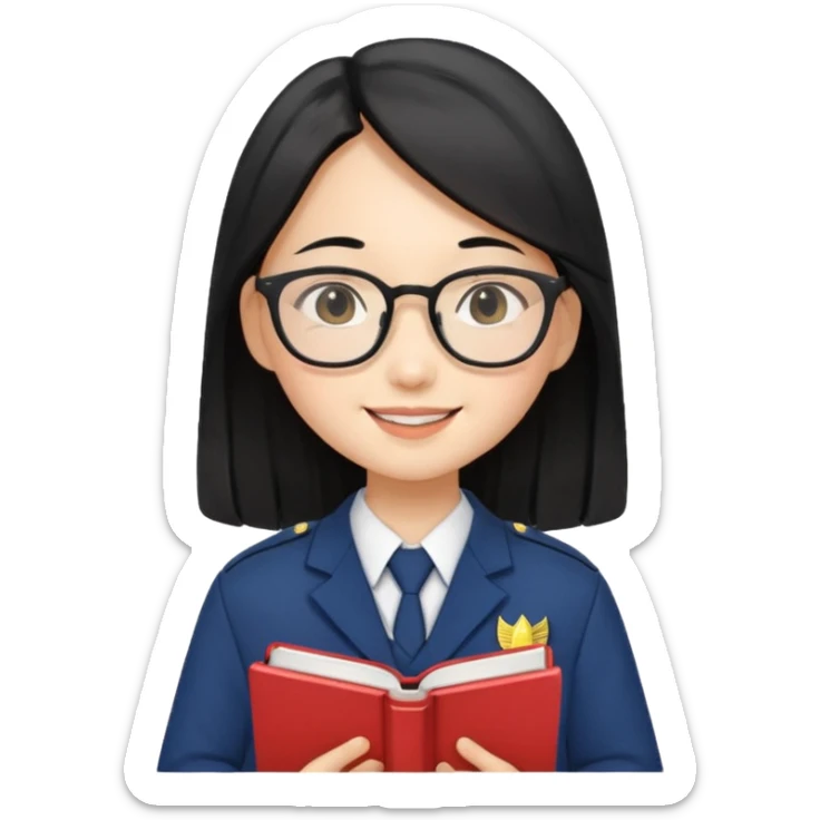 A student, asian girl, long black hair, wearing glasses, uniform, hold book in front of their chest sticker