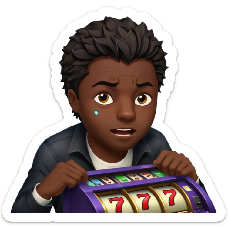 disheveled Black Panther losing money at a slot machine, panicked face, coins flying sticker