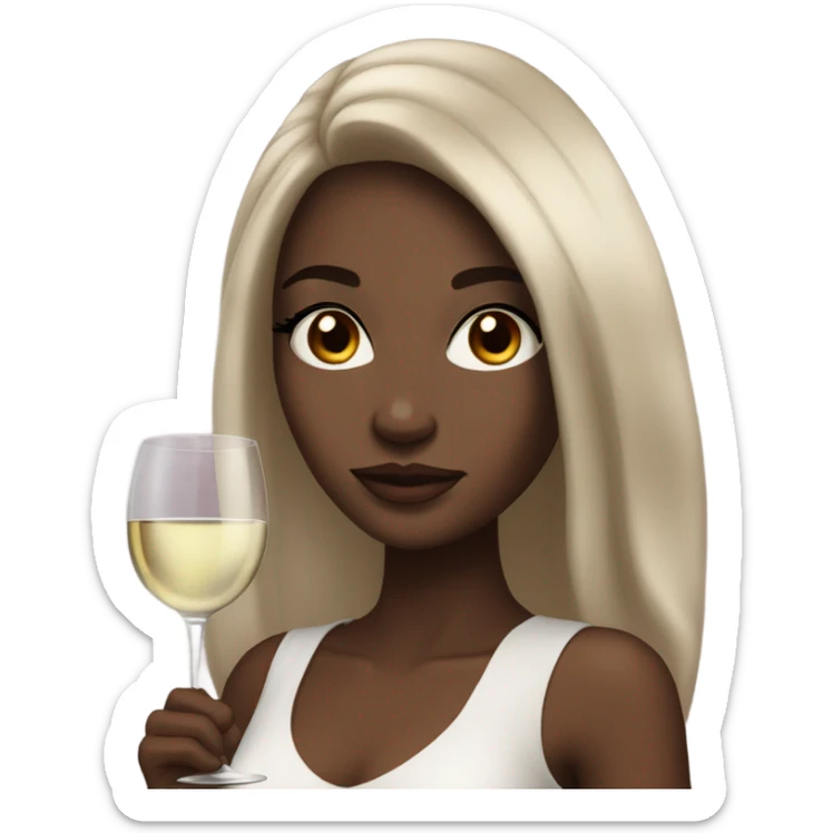 rich girl with white skin, long brown hair, dark eyes, with makeup, with wine sticker