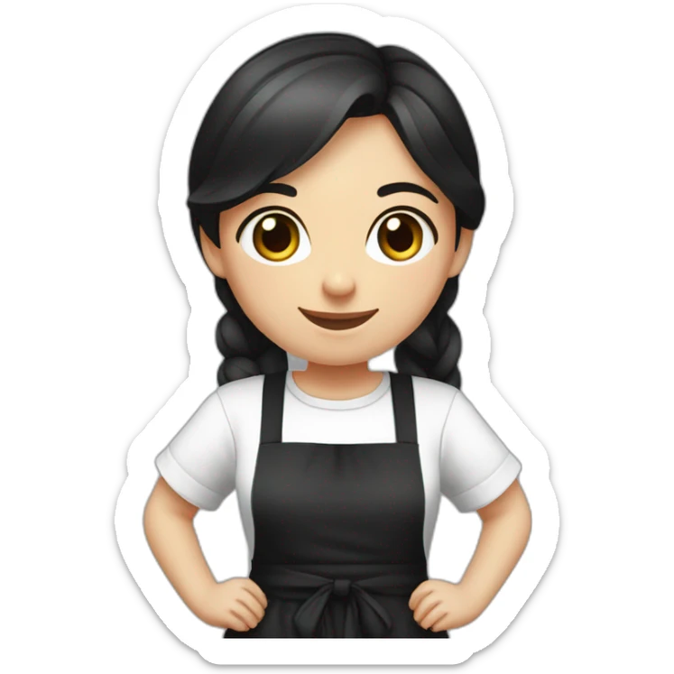 Slavic girl with dark hair in a white T-shirt and a black apron smiles with a rag in her hands and her hands on her sides sticker