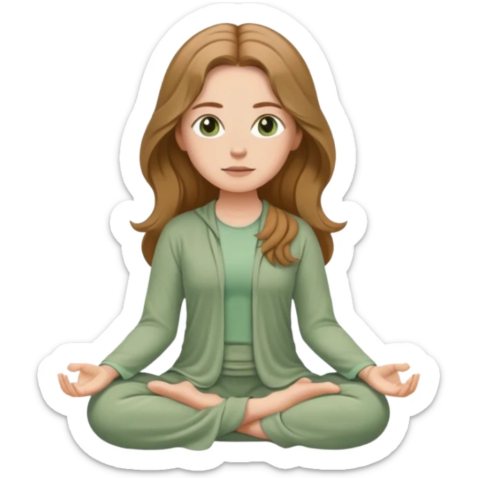 White girl, with long wavy light brown hair and hazel eyes, meditating wearing sage green sticker
