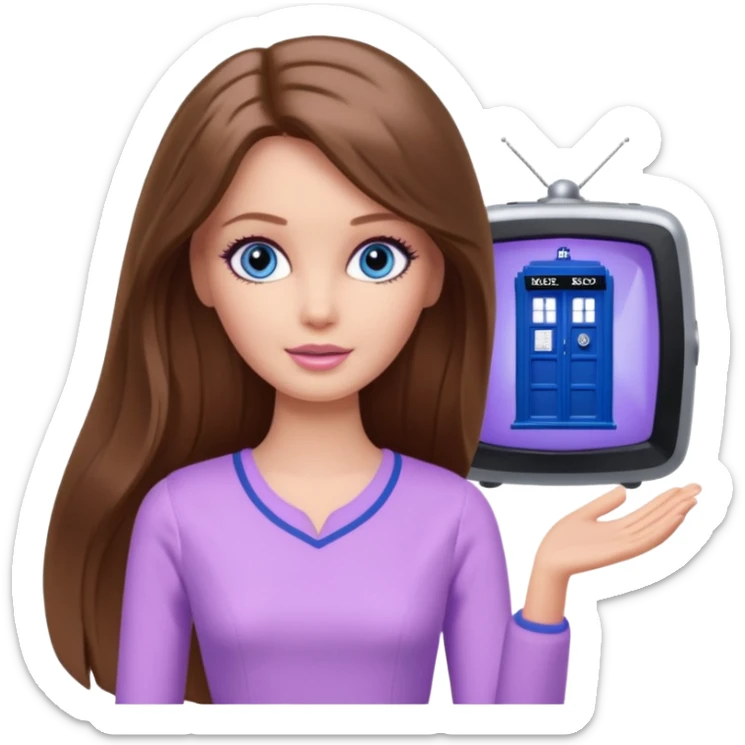 beautiful barbie girl with long brown hair, blue eyes and wearing light purple clothes watching dr who on tv sticker