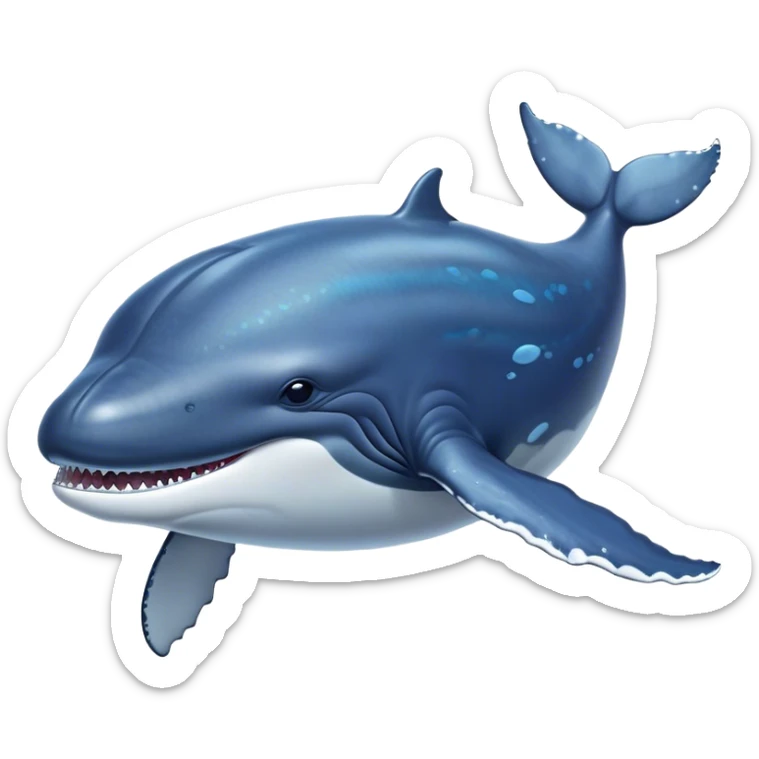 Cinematic Noble Humpback Whale Portrait Emoji, Poised and grand, with an enormous, barnacle-speckled blue-gray body, soulful, wise eyes, and a deeply serene presence, Simplified yet sharp and sophisticated features, highly detailed, glowing with a soft oceanic radiance, high shine, intelligent and powerful, stylized with an air of deep-sea mystery, focused and regal, soft glowing outline, capturing the essence of a legendary giant of the ocean that appears ready to glide majestically through the waves with effortless grace! sticker