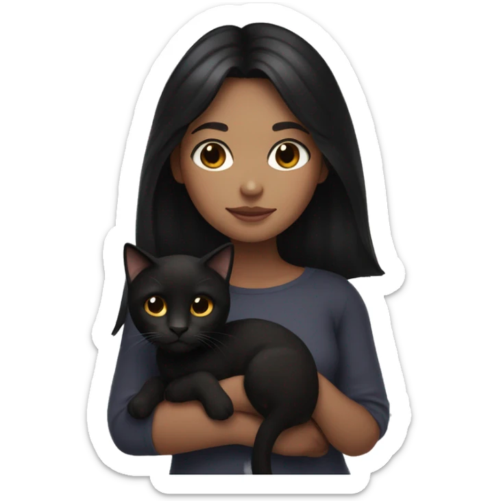 Girl with black hair collarbone length and brown hair and white skin holding a black cat sticker