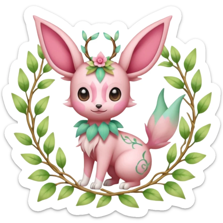 Rosy floral romantic cute Sylveon-Eevee-Celebi-Leafeon-Pokémon-Digimon-Fakémon-hybrid-fusion-creature with vines entangled around sticker