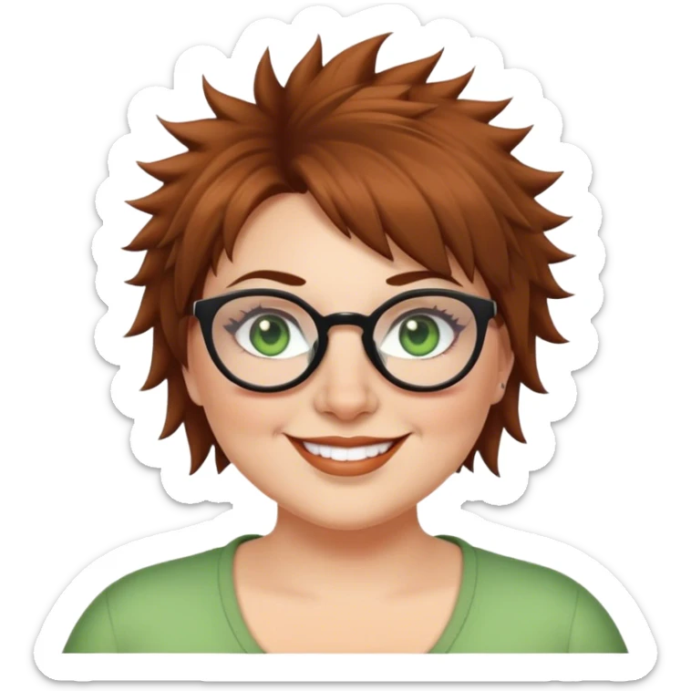  plus size white women round nose with short  brown shaggy spiked hair wearing glasses green eyes smiling sticker