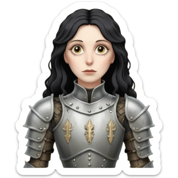 realistic cinematic actress Cher in Victorian styling like Joan of Arc dirty damaged armor in a forest sticker