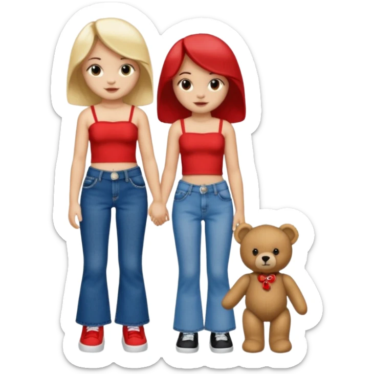 A boy and a girl teddy bear for the boy bear put on true religion shirt and jeans with black shoes and for the girl put flare jeans and a red tube top and white shoes just bears not the humans  sticker