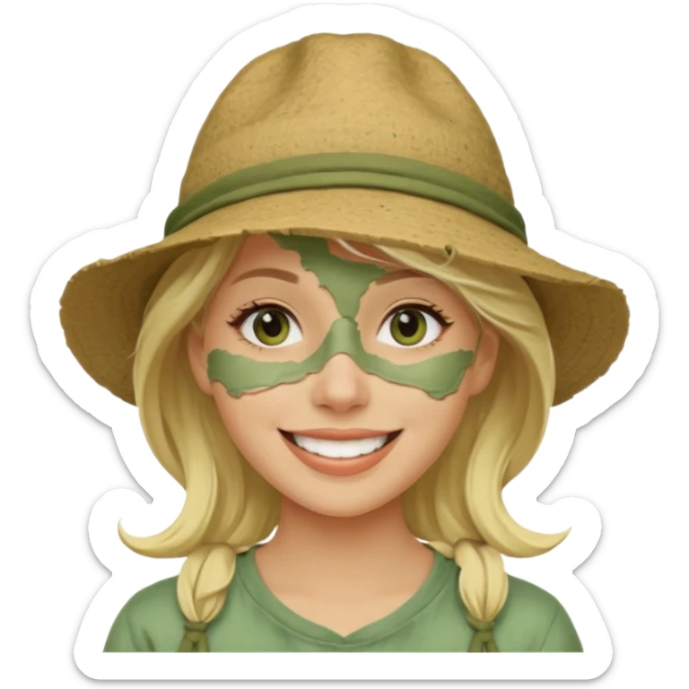 messy green clay mask and tourist hat blond woman  smiling and clay mask on full face sticker