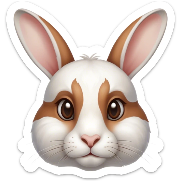 Cinematic Noble White and Brown Rabbit Portrait Emoji, Poised and regal, with a balanced, compact build and a beautifully patterned fur of pristine white accented by rich brown patches, long, alert ears and deep-set soulful eyes, Simplified yet sharp and sophisticated features, highly detailed, glowing with a soft, dignified glow, high shine, intelligent and gentle, stylized with an air of refined charm, focused and attentive, soft glowing outline, capturing the essence of a watchful and confident companion, so majestic it feels as though it could hop out of the screen with effortless authority! sticker
