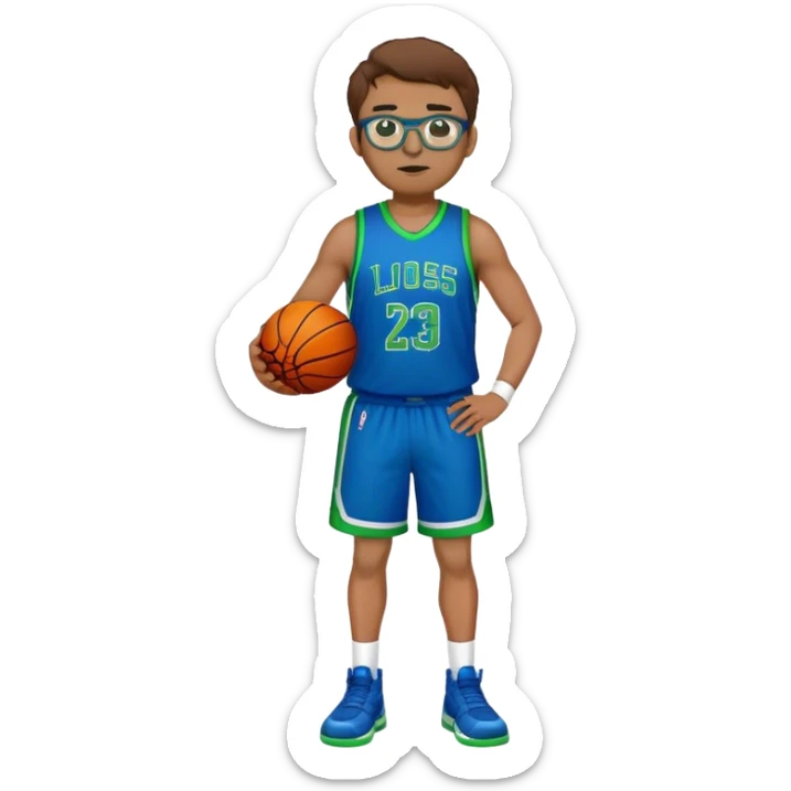 Full Body large white male with brown hair basketball player wearing glasses wearing blue green uniform sticker