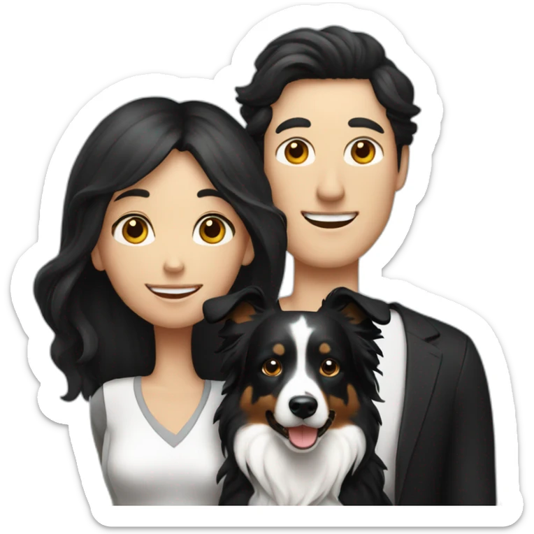 Family formed by a White man on hat and a White woman with long black hair and one small black dog border collie sticker
