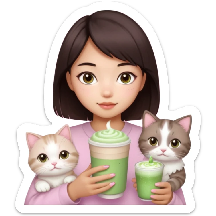 asian girl with short dark brown hair and dark brown eyes with a soft girl pink glowup aesthetic, matcha latte, 2 ragdoll cats, and sparkles sticker