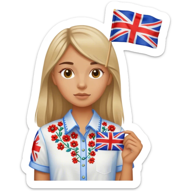 A Ukrainian girl wearing an embroidered shirt and a British flag sticker