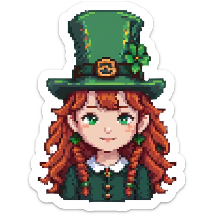 girl with red hair and brown eyes with a leprechaun sticker