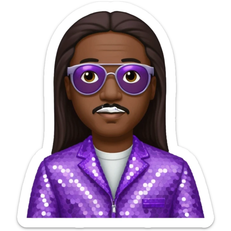 Stevie Wonder with long dark brown hair, lilac sequin outfit  sticker