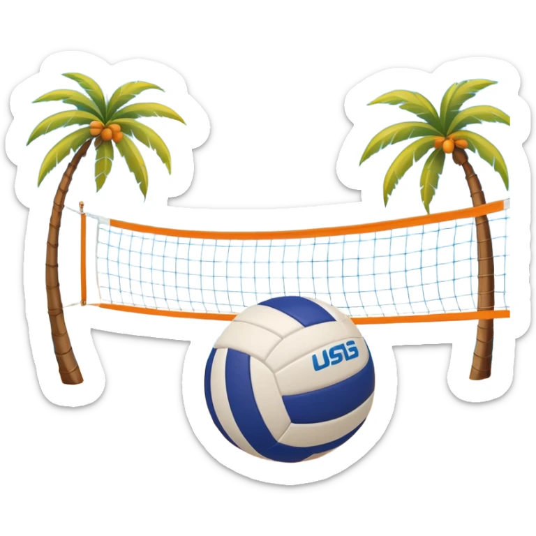 The scene captures an orange sand, sunny sea beach with clear blue sea and sky, palm trees swaying. A volleyball resting on the orange sand ground of a beach, with a volleyball net in the background.  sticker