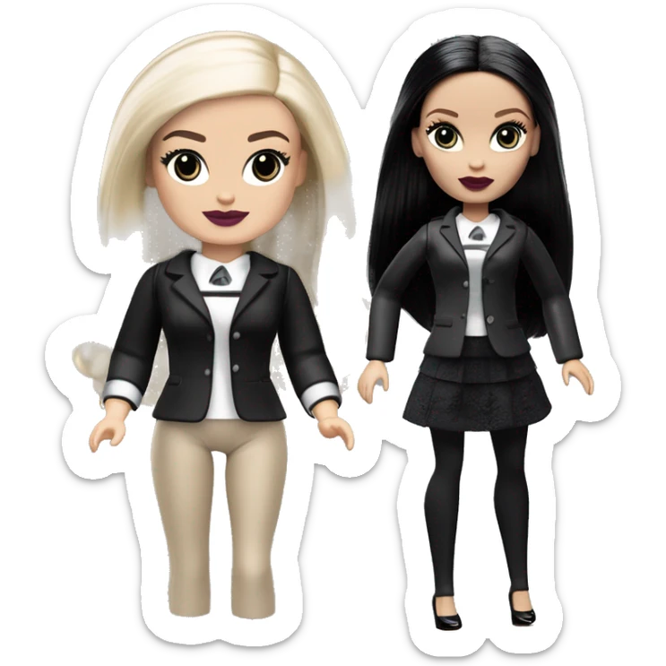   Hostess Wednesday Addams Barbie.  very light skin face. Black lipstick and eyeshadow. Earrings matching necklaces. Long silky raven hair.  Silk pajama separates black high heel.  sticker